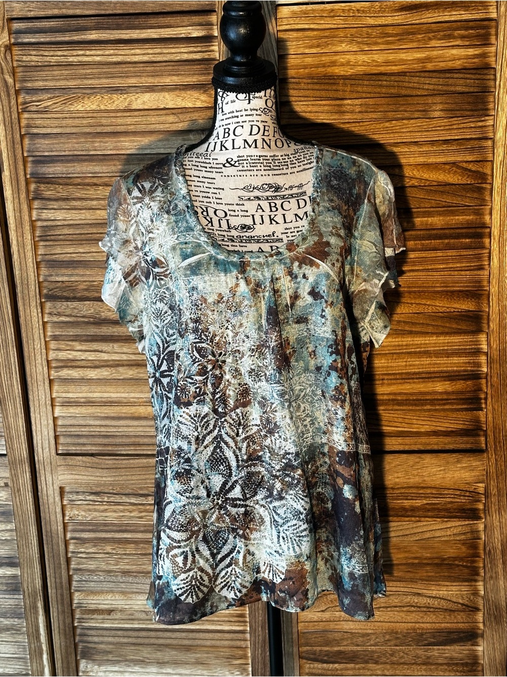 Teal and Brown Scoop Neck Flutter Sleeve Top